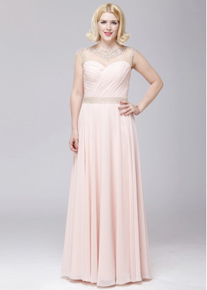 Beaded Blush Pink Chiffon Cutout Back Flowy Prom Dress
